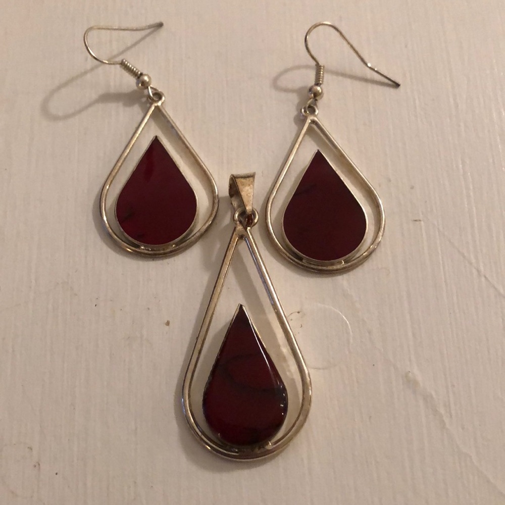 Handmade red and silver Earrings and Pendant